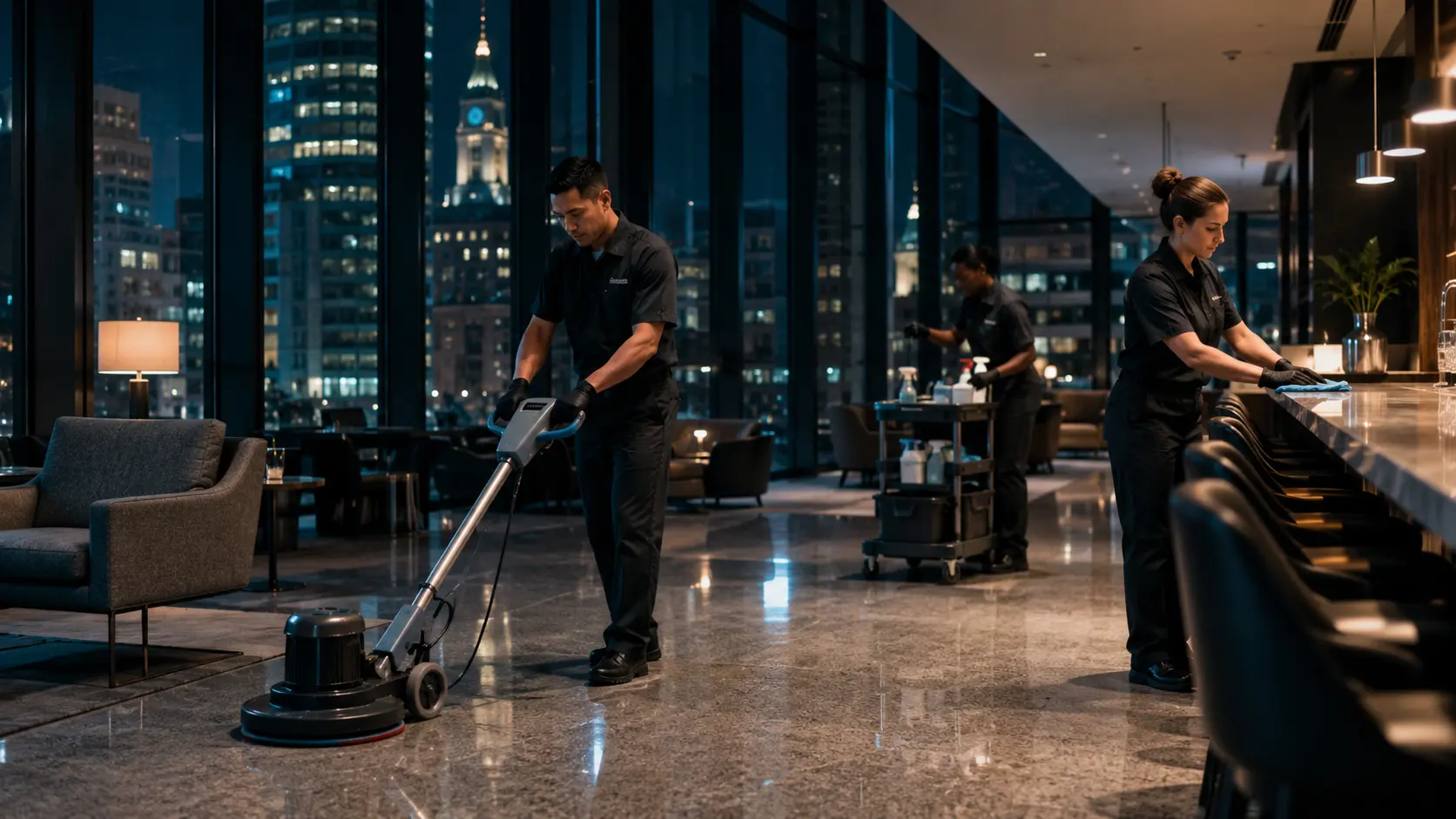 Professional cleaning team carefully maintaining a contemporary property